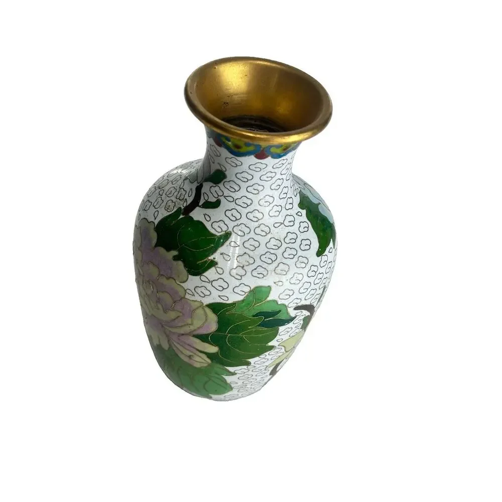 vintage chinese cloisonne vase brass white enamel peony bird butterfly decor